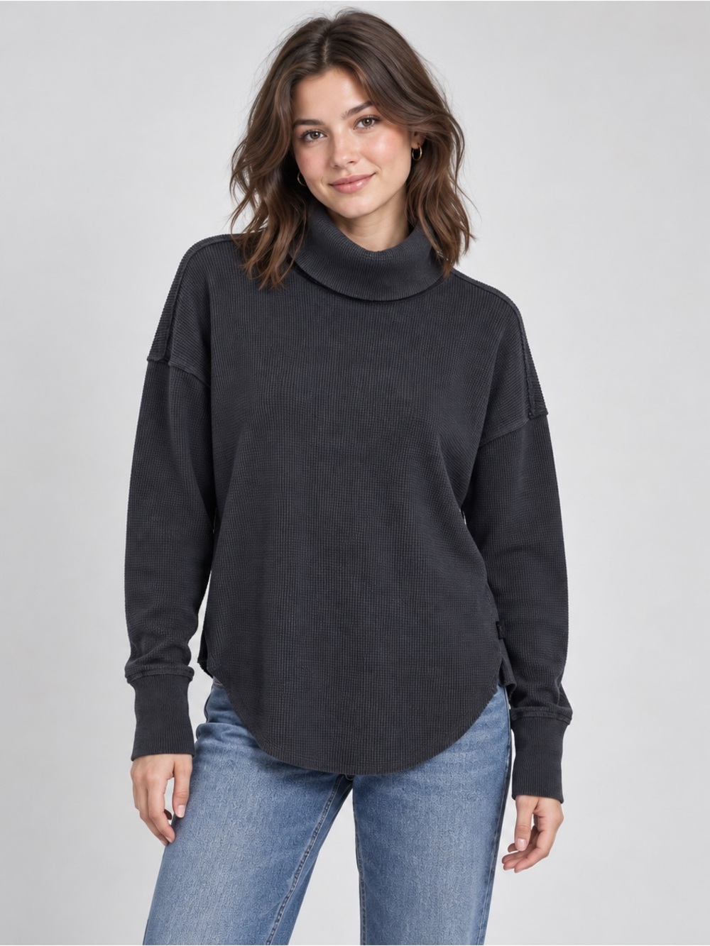 TNA Aritzia Black Waffle Knit Turtleneck Long Sleeve Top XXS